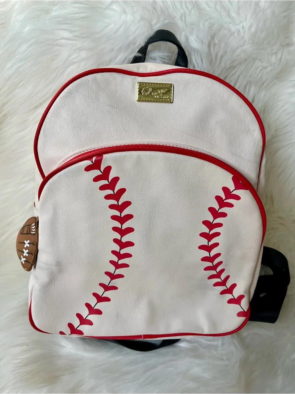 Betsey Johnson Baseball Backpack White Red Novelty Sports Bag Glove Charm